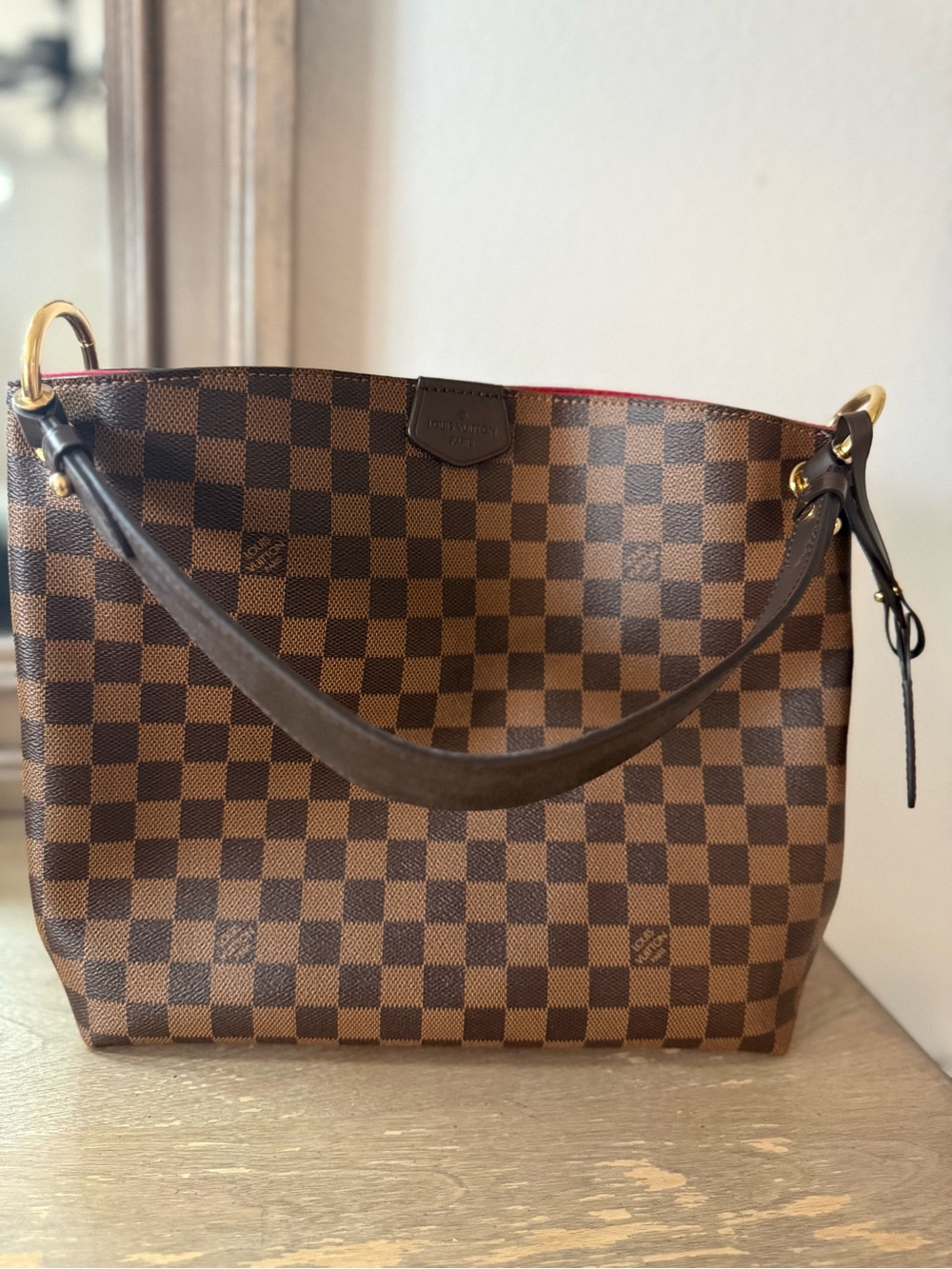 Louis Vuitton Damier Ebene Shoulder Bag with Red Trim